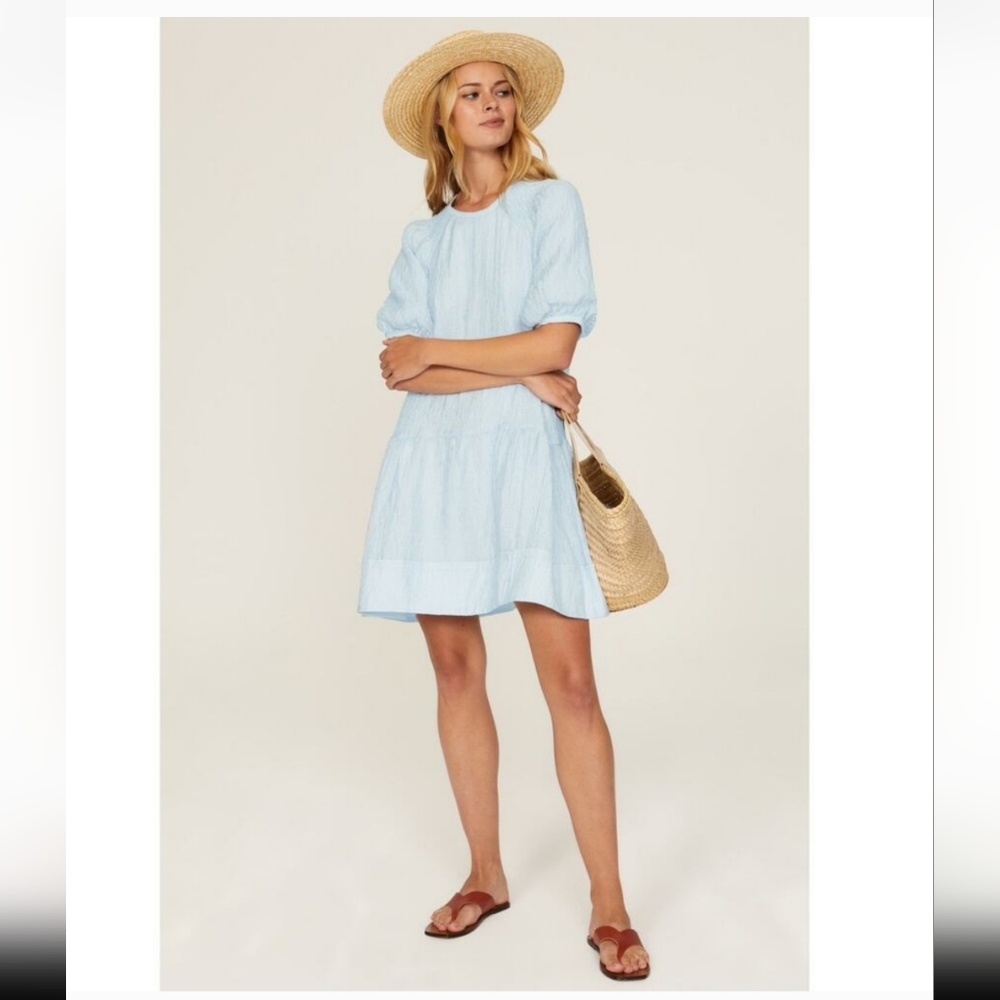 CLUB MONACO Soft Blue Shift Style Crewneck Tiered Cloud Mini Dress Size XS